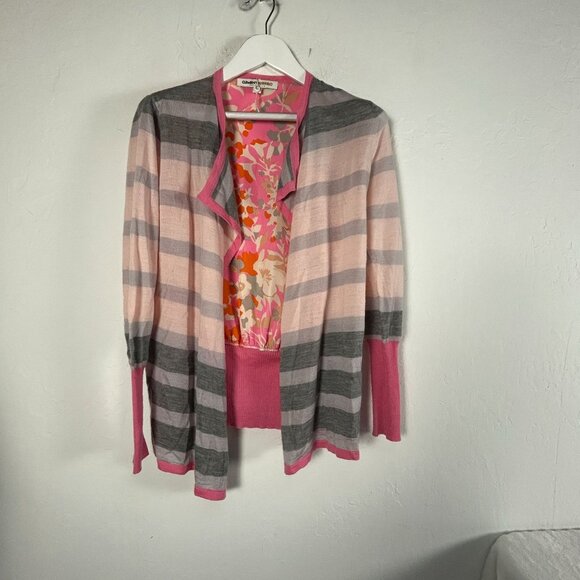 Clements Ribeiro Women’s Cardigan Sweater Small Pink Gray Striped Floral NWOT - Picture 1 of 7